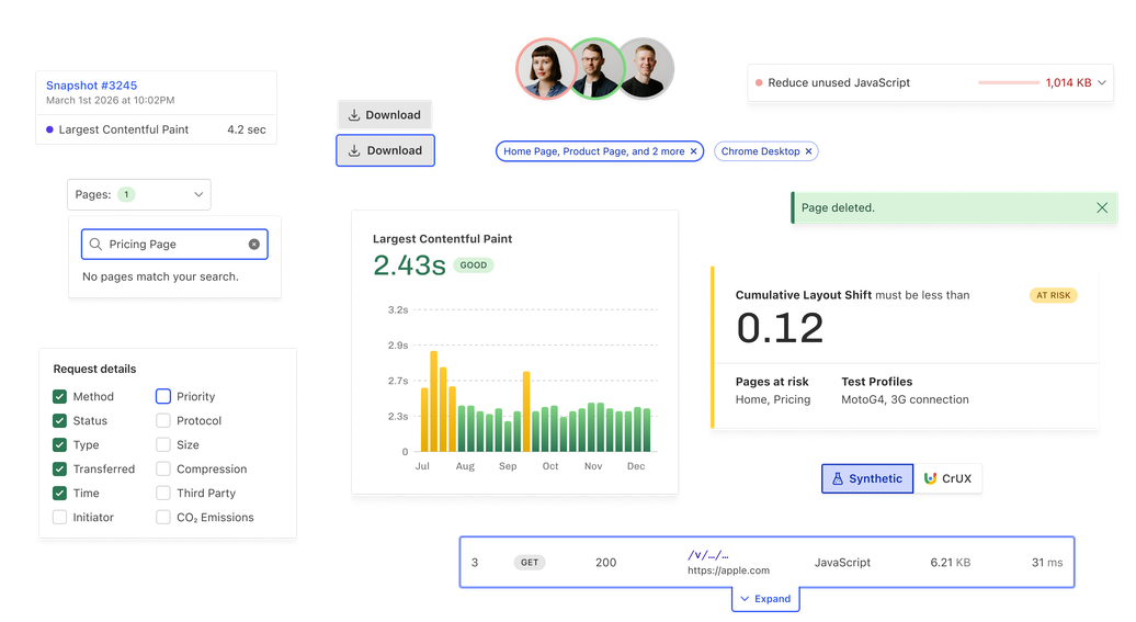 Screenshot of the Calibre marketing home page focusing on the top-level heading stating 'Everything you need to improve web performance' with several product images below. The in-focus image shows a Core Web Vitals dashboard with three bar charts for LCP, CLS, and INP. Each chart has different values and colors (red, green and yellow), depending on metric readings.