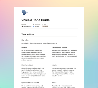 Screenshot of a Notion page entitled 'Voice and Tone' outlining the definition of Calibre's voice authored by Karolina. The content describes authenticity, friendliness, directness, inclusion, and being helpful.