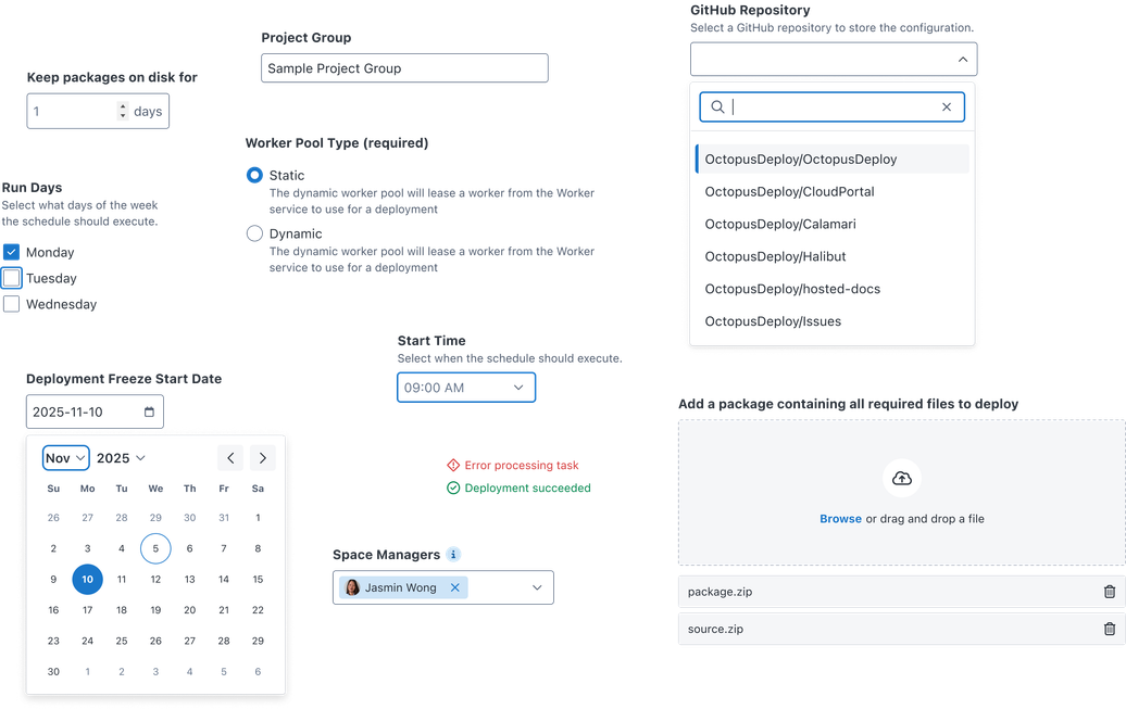 Redesigned form components: text and number inputs, checkboxes, radio buttons with descriptions, a time select, a date picker open on November 2025, a searchable GitHub repository dropdown, error and success messages, and a drag-and-drop file upload.