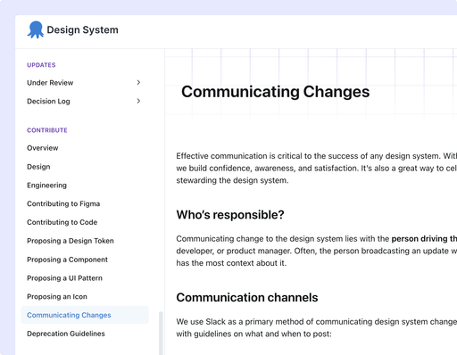 “Communicating Changes” page, setting out who is responsible for announcing a change, with Slack as the primary channel.