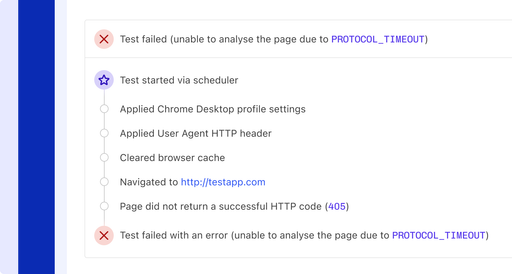 Closeup of Snapshot Test Overview showing that the test didn’t complete successfully due to an error. It has a timeline of what happened during the test and why it has failed (Protocol Timeout due to the page returning a 405 code)