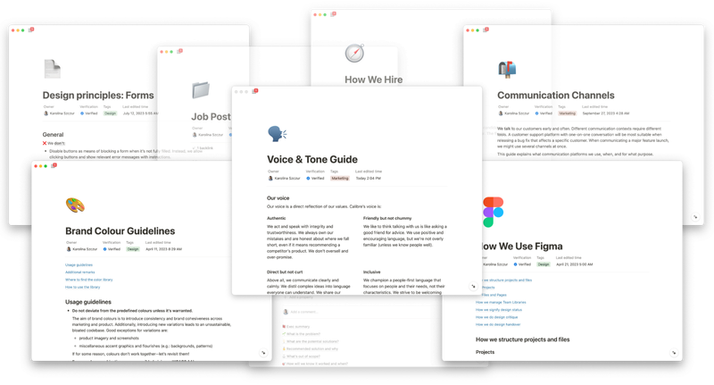 Screenshot of several pages in from Calibre's Notion internal knowledge base. The titles of the documents include 'Voice & Tone Guide', 'How we use Figma', 'Brand Color Guidelines', 'Communication Channels', 'Design principles: Forms', and 'How we hire'.