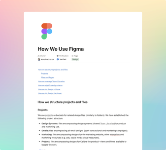 Screenshot of a Notion page entitled 'How We Use Figma' outlining Calibre's usage of Figma for design, authored by Karolina. The content describes structuring projects, files, design status, team libraries, design crit, and handover.