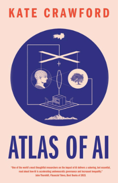 Pink cover of Atlas of AI showcasing a purple circle with illustration of person and a tree suspended on a scale above a box surrounded by workers, that might be a data center.