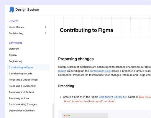 “Contributing to Figma” page in the Octopus Design System docs, explaining how to propose changes by branching the Figma component library depending on contribution size. The sidebar lists the full contribution guide, from design tokens and components to communicating changes and deprecation.