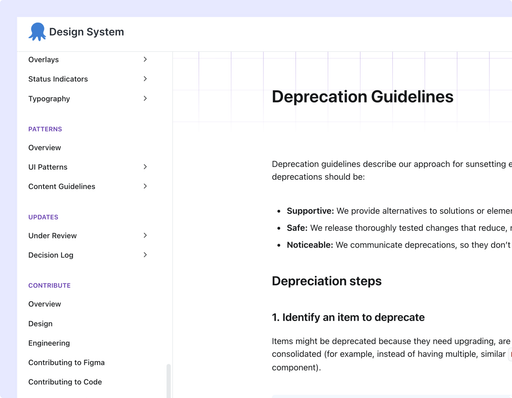 “Deprecation Guidelines” page: deprecations should be supportive, safe and noticeable, followed by step-by-step instructions starting with identifying an item to deprecate.