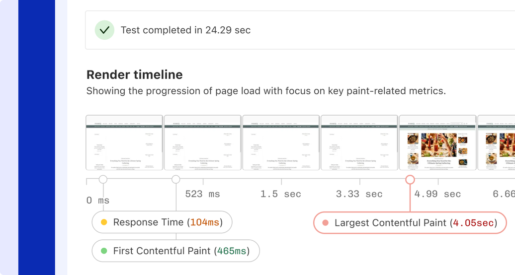 Closeup of the Snapshot Render Timeline showing visually how the page is rendered within the first 5 seconds. The timeline portrays that the main image, which is the Largest Contentful Paint element, doesn’t show until 4 seconds into the page load process.
