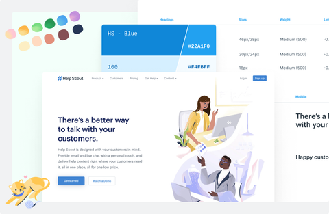 A collage of Help Scout artefacts: screenshot of landing page that with illustration and H1 saying 'There's a better way to talk to customers', an illustration of a cat laying down with some yarn, a set of hand-painted, circular color swatches, a design-system like color swatch for blues, and a page illustrating typographic scale.