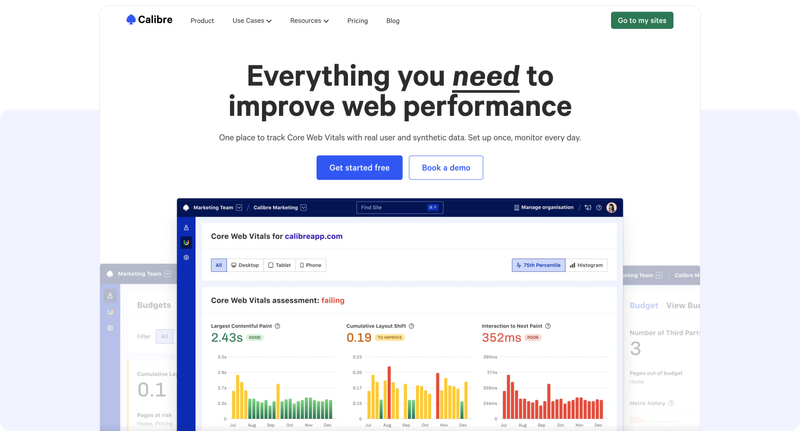 Screenshot of the Calibre marketing home page focusing on the top-level heading stating 'Everything you need to improve web performance' with several product images below. The in-focus image shows a Core Web Vitals dashboard with three bar charts for LCP, CLS, and INP. Each chart has different values and colors (red, green and yellow), depending on metric readings.