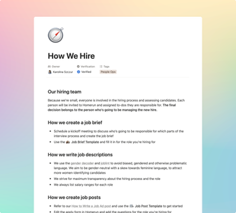 Screenshot of a Notion page entitled 'How We Hire' outlining Calibre's hiring process authored by Karolina. The content describes hiring team, how to create a job brief, writing job descriptions, and creating job posts.